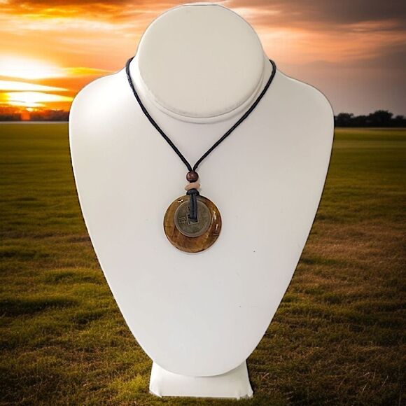 Tigers Eye Necklace Pendant Disc Coin Corded Bohemian Hippie Boho Chic Gypsy - Picture 9 of 16